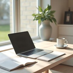 A sunlit minimalist workspace promotes focus and creativity with a sleek laptop and open notebooks.
