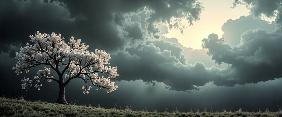 A tree with white blossoms is standing in a field with a cloudy sky. Scene is serene and peaceful, as the tree stands tall and strong despite the overcast weather