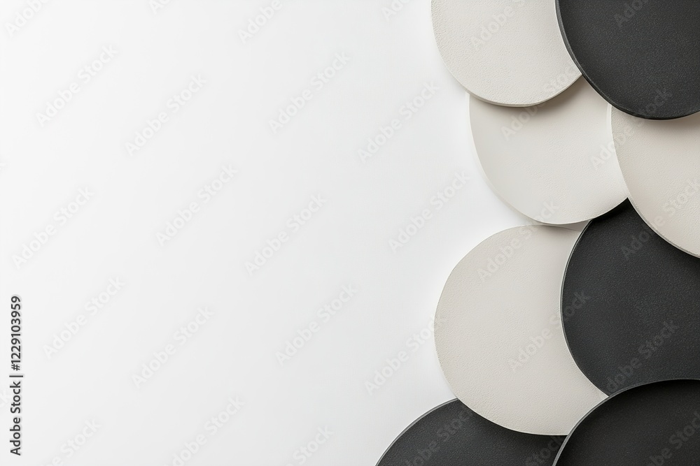 Sticker A composition featuring circular shapes in shades of black and white overlaps on a light background, presenting an abstract yet harmonious visual arrangement of forms and colors