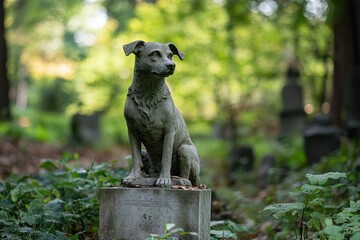 Dog statue honors beloved pets in tranquil dog cemetery surrounded by nature, Dog statue in a dog cemetery