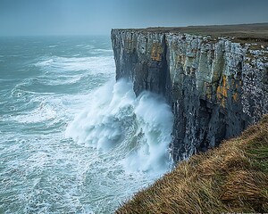 Massive ocean wave crashing against jagged cliffs under dark stormy skies