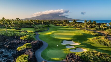 Fototapeta premium Lush Golf Course with Volcano and Ocean in the Background