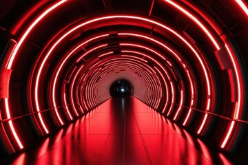 Obraz premium Digital tunnel of red neon shapes creates a futuristic visual experience on black background, digital tunnel of red neon shapes on black background