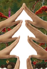 Creative Christmas tree made from hands on white background