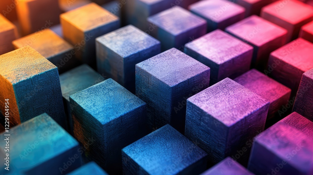 Poster abstract pattern of colorful cubes with smooth surfaces, creating a vibrant 3d textured background f