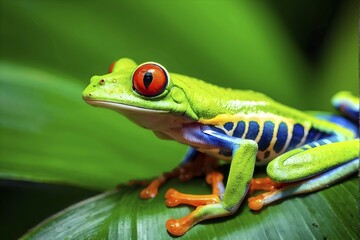 Naklejka premium Red eyed tree frog lounging atop a tropical leaf, AI generated