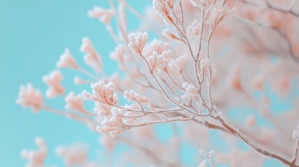 Naklejka premium Snow-covered tree branches display delicate frost against a clear winter sky, creating a peaceful, wintry atmosphere in nature
