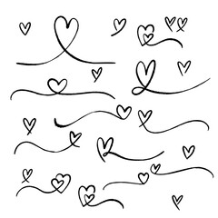 Hand drawn doodle hearts set on a clean white background. Line style design elements.