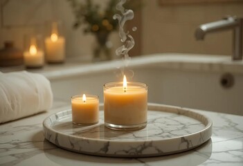 A cozy and inviting scene with a tray of aromatherapy items, a lit candle, and a vase of flowers on a wooden table.