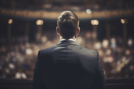 Back view of man ins uit holding speech. KI generiert, generiert, AI generated