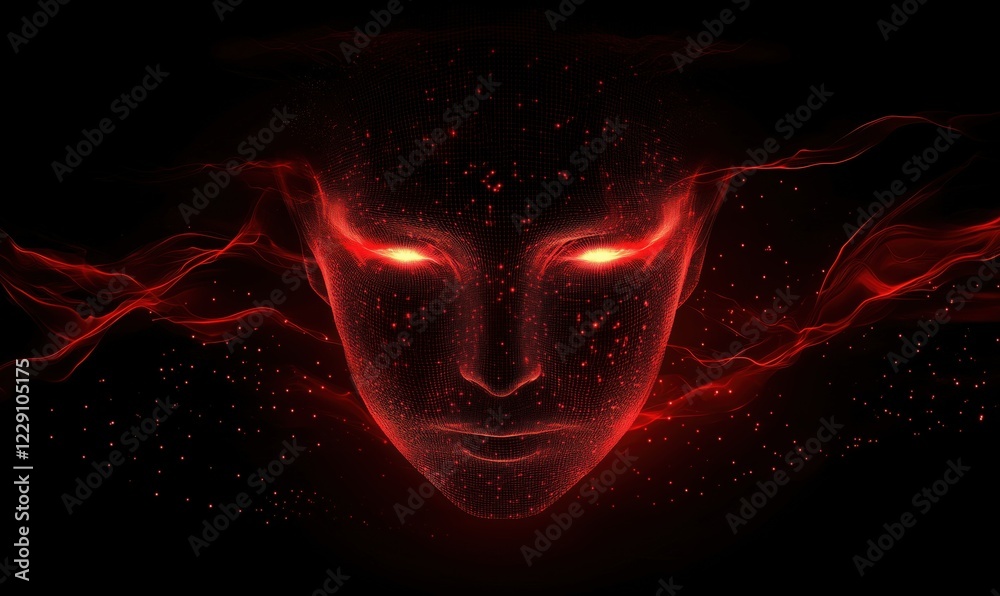 Poster digital face with glowing red eyes and abstract particles, representing artificial intelligence and 