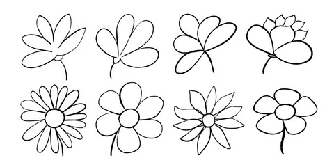 White background with expressive black paint sketched flowers. Hand drawn vector set of botanical illustrations in a rough style.