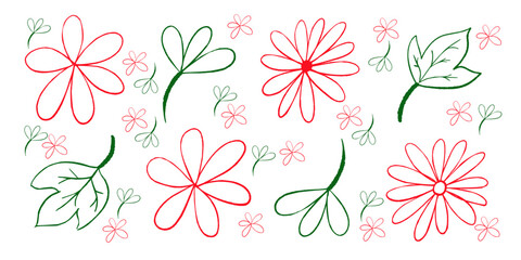 Vector illustration of rough line botanical elements in black paint set on a white backdrop. Hand drawn collection of floral designs.