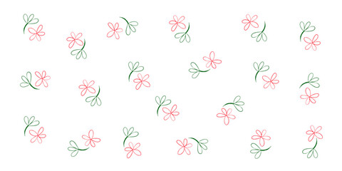 Hand drawn flowers and leaves scattered in a repeating pattern on a white backdrop. Line style design elements.