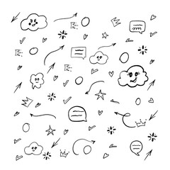 Hand drawn doodle elements cute clouds, crowns, arrows, hearts. Vector grunge scribble doodle line elements set.