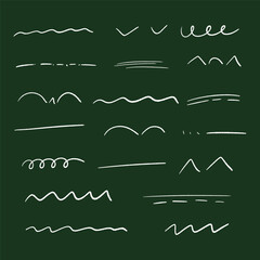 Set of hand drawn marker strikethrough and underline strokes. Different scribble lines and brush strokes isolated on green bg. Vector illustration.