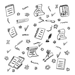 Hand drawn scribble doodle vector set. Abstract design elements notebook, scroll, star, flower in grunge style.