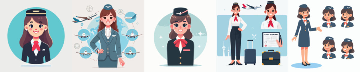 vector set of beautiful flight attendant characters