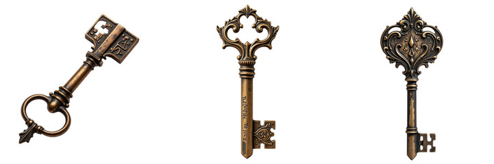 Antique Bronze and Brass Keys Displayed with Distinctive Shapes