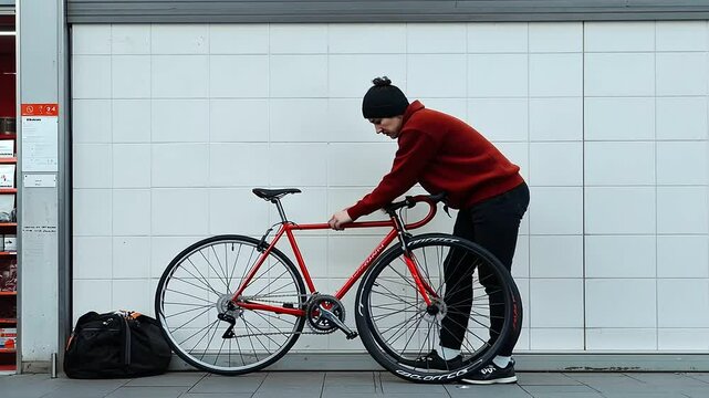 Person Seeking Help at Bike Shop for Flat Tire Repair - Powered by Adobe