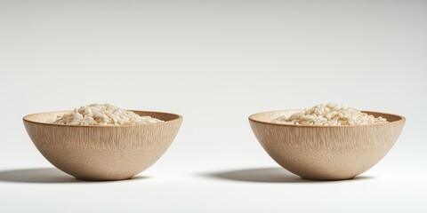 Two natural wooden bowls filled with uncooked white rice, placed on a soft light background, symbolizing simplicity and natural food