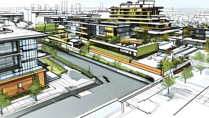 Fototapeta premium Blueprint of a modern residential neighborhood architecture featuring an envelope of modern buildings, AI generated