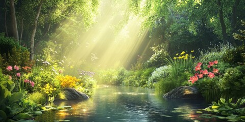 Fototapeta premium Breathe in Serenity, A Lush Garden Oasis with a Tranquil Stream and Radiant Sunlight Filtering Through the Trees