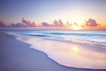 Fototapeta premium A calm beach with soft waves and a sunrise reflecting on wet sand, creating a tranquil and serene atmosphere