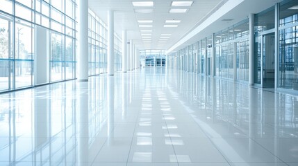Fototapeta premium A clean and minimalist hall featuring white walls and large glass windows allowing natural sunlight.