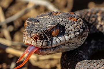 Obraz premium Close up view of a rattlesnake head extending its tongue in a natural habitat, Close up of rattlesnake head with tongue