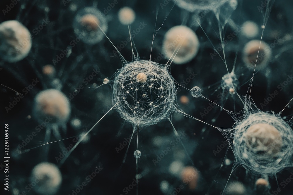 Poster exploring a network of interconnected spheres illustrating dynamic movements and relationships, netw