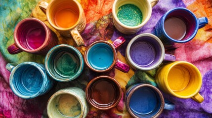 A collection of colorful ceramic mugs placed on a tie-dye fabric, showcasing a vibrant and artistic arrangement.