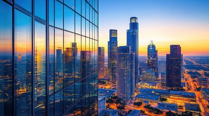 Obraz premium Cityscape at sunset, reflecting in modern skyscraper windows.