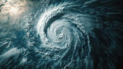 A powerful hurricane forming over the ocean, captured from a satellite view with detailed swirling clouds.
