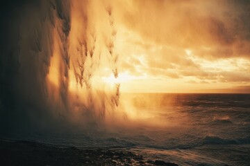 Fototapeta premium Majestic Seljalandsfoss waterfall illuminated by sunset in Iceland, Seljalandsfoss waterfall at sunset, Iceland