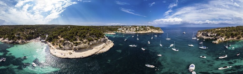 Drone shot, view over the Five Finger Bay of Portals Vells, Majorca, Balearic Islands, Spain, Europe