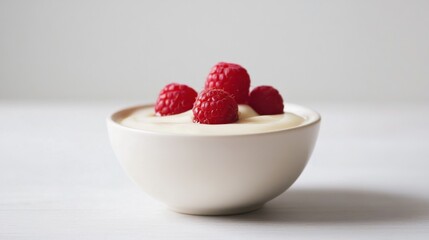 A minimalist bowl of plain vanilla yogurt topped with a few fresh raspberries and a light drizzle of honey, served in a simple white ceramic bowl, Vanilla yogurt centered