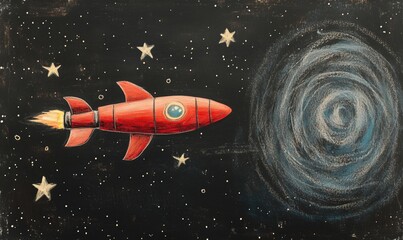Fototapeta premium Rocket soaring through space with swirling galaxy and stars in background, vibrant red color, whimsical design, imaginative exploration theme