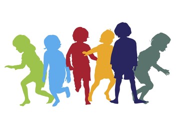 Silhouettes of children playing and running in colors, isolated objects over white background