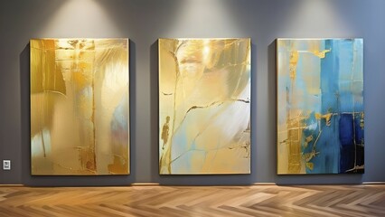 Fototapeta premium Trio of abstract hand painted oil paintings with vibrant color lines for wall decoration, AI generated