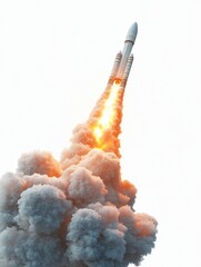 A rocket launching into the sky with fiery exhaust and billowing clouds, symbolizing exploration and technological advancement. Isolated on transparent or white background.