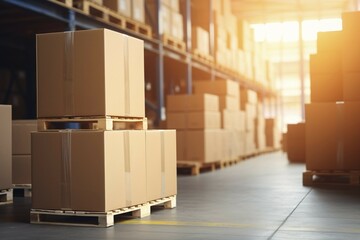 Large cardboard boxes stored in industrial warehouse or logistic center. KI generiert, generiert, AI generated