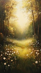 Fototapeta premium Sunlit Forest Path: A Serene Meadow Landscape Painting