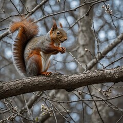 Fototapeta premium A squirrel sitting on a tree branch during early spring.