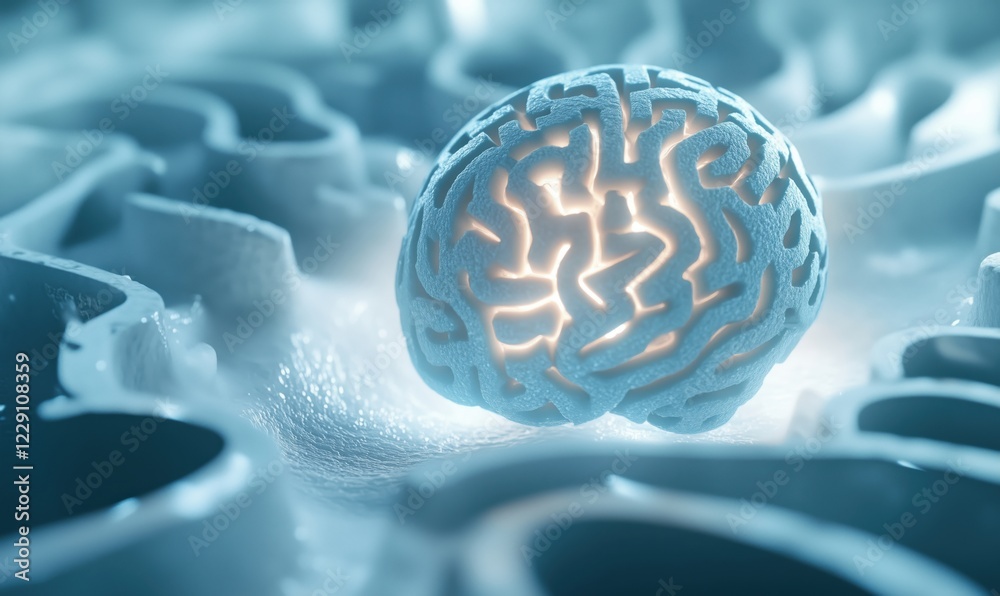 Poster illuminated brain model surrounded by abstract neural pathways, symbolizing cognitive processes and 