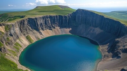 Obraz premium Aerial view of a volcanic crater with a bright blue lake at the center, surrounded by rocky terrain.