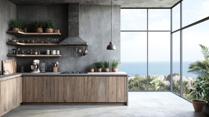 Modern kitchen with ocean view.