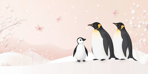 Fototapeta premium Penguins Family in Soft Pastel Landscape with Snowflakes and Flowers, Cute Baby Penguin with Parents, Winter Scene