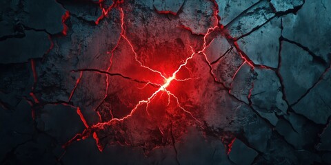 Cracked Surface with Glowing Red Lightning Effect, Abstract Background, Dark Textured Wall, Energy Burst, Dramatic Lighting