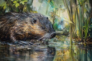 Nutria coypu sniffing near the water's edge in a lush environment during daytime, Nutria coypu sniffing